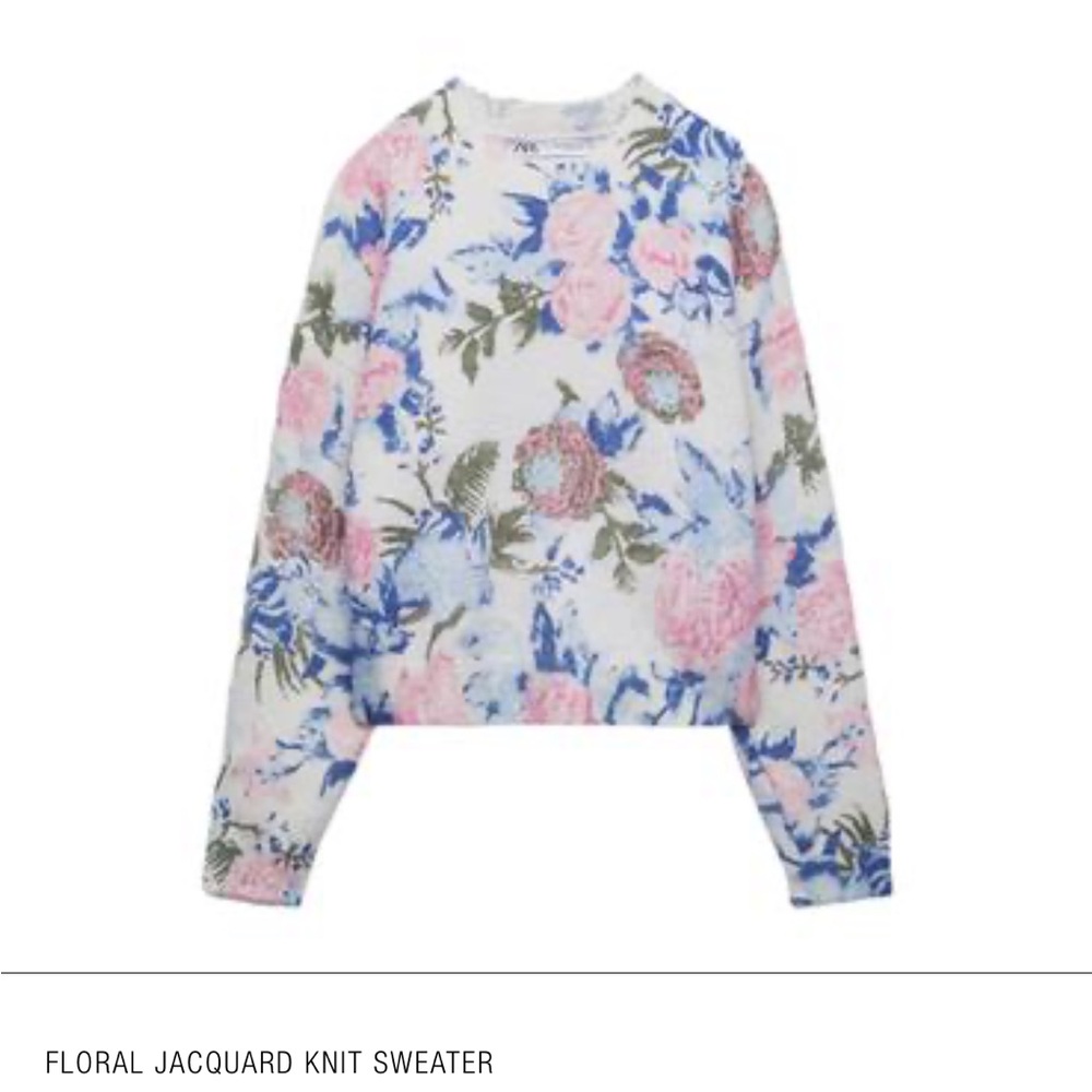 Zara Floral Jacquard Knit Sweater - Pink, Blue, Green
